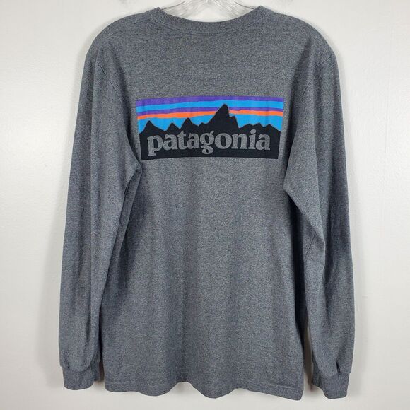 Patagonia Mens P-6 Logo Responsibili Tee Long Sleeve Graphic Outdoor Logo Gray M - Picture 1 of 8